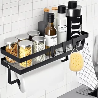 Trlyane Gewürzregal Wand, Küchenregal Ohne Bohren, Wandregal Küche Mit 4 Haken und Küchenrollenhalter für Küche, Bad, Kommode, Gewürzregal und Mehr