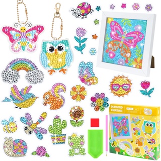 SelfTek 5D Diamond Painting Kinder Set, Enthalten 25 Stück Sticker, 2 Stück Schlüsselanhänger, 1 Stück 5D Diamant Painting Bilder, Ideal für Kindergeschenke