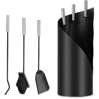 Ikodm Kaminbesteck Set 4-teiliges, Kaminzubehör mit Besen, Schaufel, Eisenhaken, Ständer, Modern Design Kaminwerkzeug, Ofenbesteck Kamingarnitur mit Edelstahlgriffe
