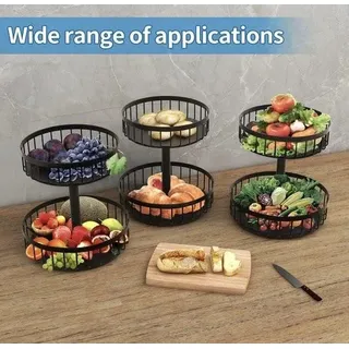 Obstkorb schwarz, 2 Etagen, Obstetagere, Obstschale, große Etagere für mehr Platz auf der Arbeitsplatte, Obstschale, Ablageregal hält Obst und Gemüse frisch - Schwarz
