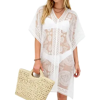 DiULi BikiniCover Up, Damen Strandkleid V-Ausschnitt Beachwear, Sommer Spitze Bikini Cover Up, Transparent Häkel-Strandkleid für Urlaub, Pool, Strand und Party, Weiß
