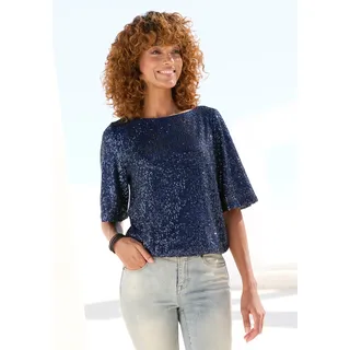 Paillettenshirt LASCANA, Damen, Gr. 40/42, dunkelblau, Stoff, Obermaterial: 95% Polyester, 5% Elasthan. Futter: 100% Polyester, glänzend, festlich, figurumspielend hüftlang, Rundhals, Shirts Paillettenshirt, mit weiten Ärmeln, festliches Glitzershirt, Partyshirt