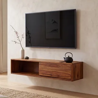 FineBuy Lowboard Hängend Sheesham Massivholz 108x25x34 cm TV-Schrank Braun Fernsehtisch mit Stauraum Fernsehschrank Wand Modern TV-Kommode - Braun
