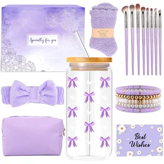 Geschenke für Mädchen Teenager 8 9 10 11 12 13 14 15 16 Jahre, Geburtstag Geschenk Mädchen Glasbecher, Trinkglas mit Strohhalm und Deckel, Schminkpinsel Kosmetiktasche Armband Socken Haarband Girl