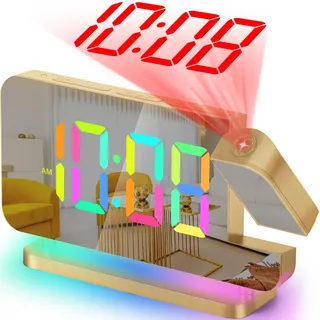SZELAM Projektion Wecker - LED Spiegel Digitaluhr Großes Display mit RGB Nachtlicht USB C Ladestation 180° Drehbarem Projektor - 7.4” Lauter wecker für Tiefschläfer Schlafzimmer - Gold