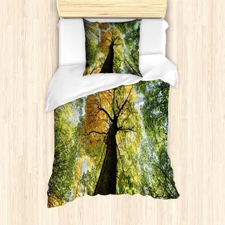 ABAKUHAUS Baum Mantele, Wald Herbst Wachstum Eco, Milbensicher Allergiker geeignet mit Kissenbezügen, 135 cm x 200 cm - 80 x 80 cm, Dunkelbraun Hellgrün
