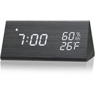 TOPINCN Digitaler Wecker, Holzwecker mit Elektronischer LED-Zeitanzeige, Feuchtigkeits- und Temperaturerkennung, 3 Alarmeinstellungen, 3 Helligkeitsstufen, Elektrische Uhr für (Schwarzes Holz)