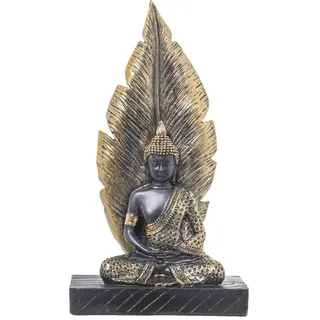DRW Figur eines sitzenden Buddha mit Blatt aus Harz in Gold und Braun, 15 x 7 x 27 cm
