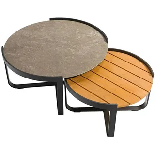 Zebra Loungetisch , Graphitfarben, Grau, Teakfarben , Holz, Metall, Glas , Teakholz , massiv, Hartholz , rund , X-Form , 60-80x35.5-40.5x60-80 cm , Gartenmöbel, Loungemöbel, Lounge-Serien