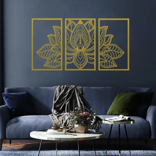 ESTART Großes Lotus-Blume-Metall-Wanddeko 3-teiliges Set | Religion Glaube Mandala Heimwanddekoration für Wohnzimmer chlafzimmer Büro und Yoga-Raum (Gold, Groß)