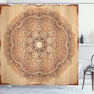 ABAKUHAUS Brown Mandala Duschvorhang, Vintage Ethnische, Stoffliches Gewebe Badezimmerdekorationsset mit Haken, 175 x 220 cm, Brown Ginger Beige