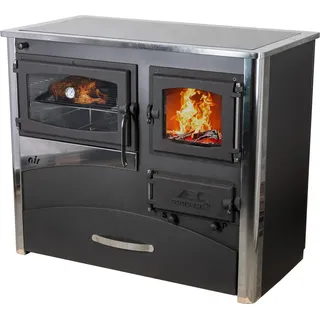 Kaminofen mit Backfach und Herdplatte mit Glaskeramik ABC Concept 2 Air Links Mehrfachbelegung Holzofen 11,6 kW Kamin Ofen Holz Werkstattofen Holzofen - Schwarz, Silber