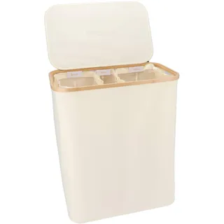 KROMS Wäschekorb mit deckel 145L - Beige - Wäschekorb 3 fächer - Faltbarer wäschekorb - Wäschesortierer 3 fächer - Korb mit deckel