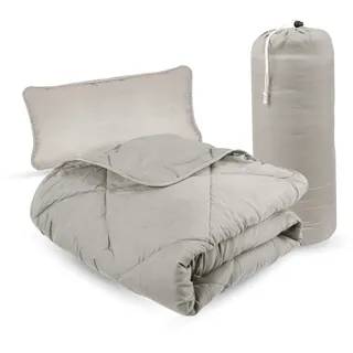 BestLivings Sommer Reise Bettenset 2tlg (Stepddecke 135x200cm, Kopfkissen 40x80cm) inkl Reisetasche - Decke und Kissen im Set - Ideal für Reisen, Urlaub, Camping - Hellgrau