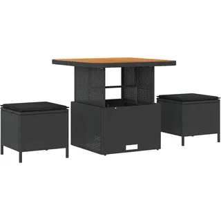 3-teiliges Garten-Dining-Set mit Kissen Schwarz Poly Rattan Akazie, Gartenmöbel-Sets DesignMöbel Neu - Schwarz
