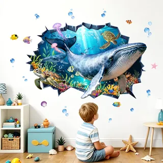Tanlaby 3D Wandtattoo Wal Unter dem Meer Wandsticker Ozean Fische Wandaufkleber Schildkröten Seetang Wale Wanddeko Unterwasserwelt für Kinderzimmer Badezimmer Schlafzimmer Babyzimmer