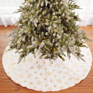 BAKAJI Teppich für Weihnachtsbaum, Durchmesser 78 cm, aus weichem Plüsch, Weiß, Schnee-Effekt mit Schneeflocken-Dekoration, Weihnachtsdekoration (Gold)