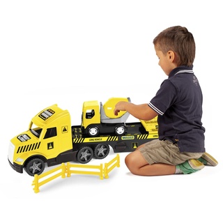 Wader 36460 - Magic Truck Tieflader mit Betonmischer, Absperrgittern und Rampen, ab 3 Jahren, ca. 79 cm, ideal als Geschenk für kreatives Spielen