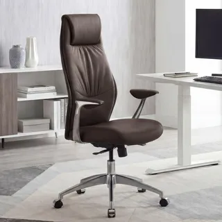 FineBuy Bürostuhl Braun Echt-Leder Schreibtischstuhl 120KG Chefsessel mit Synchronmechanik Drehstuhl - Braun
