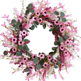Idyllic 45,7 cm rosa Gänseblümchen Wildblumen Frühling Sommer Kranz für Haustür Rosa Lavendel Eukalyptus Blätter Frühlingskranz für Hochzeit und Valentinstag Kunstblumenkranz für drinnen und draußen