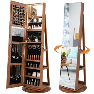 Costway Schmuckschrank mit LED, Spiegelschrank 360° drehbar, mit rahmenlosem Ganzkörperspiegel, Schmuck-Organizer abschließbar, Schmuckaufbewahrung (Braun)