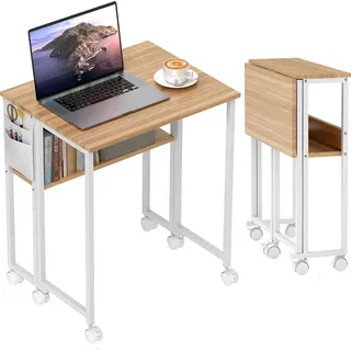 Homcom Schreibtisch Klappbar Kleiner 63 cm Klappschreibtisch mit Rollen Platzsparend Computertisch mit Regal, Aufbewahrungstasche, Natur