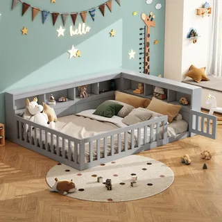 Merax Tagesbett 140x190cm, Daybett mit Staufach und Zäune, Schlafsofa mit Steckdose und USB, Kinderbett, Jugendbett, Grau - Grau