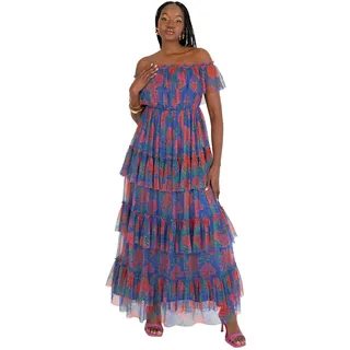 Anaya with Love Women's Maxi Dress Ladies Off Shoulder Bardot Neckline Tiered Ruffle Tulle Tropical Floral Print Wedding Guest Prom, Kobaltblau 44
