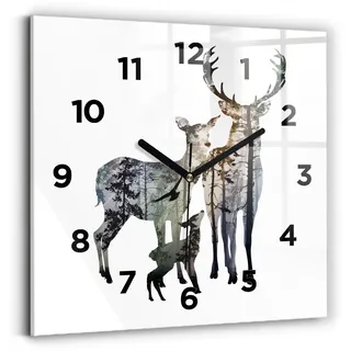Wallfluent Wanduhr – Stilles Quarzuhrwerk - Uhr Dekoration Wohnzimmer Schlafzimmer Küche - Zifferblatt - schwarze Zeiger - 30x30 cm - Hirsch-Familie - Braun