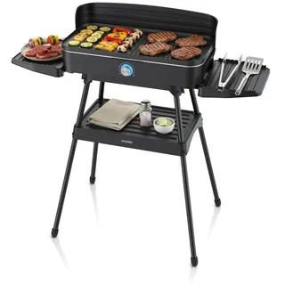 Arendo - Tischgrill Edelstahl, Elektrogrill mit Thermostat, Barbecue Standgrill 2200W, Electric Grill Geteilte Garflächen, Antihaft-Beschichtung, Standfuß mit Ablage, Spritzschutz, Für Balkon Terrasse
