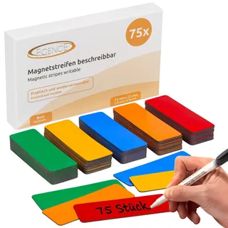 ECENCE Magnetstreifen beschreibbar 75 Stück - 75x25mm - abwischbare Magnetschilder - Magnet-Etiketten zuschneidbar für Whiteboards, Kühlschränke, Magnettafeln - bunt