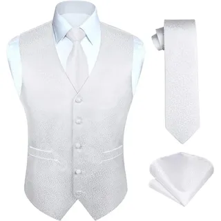 Herren Weste Krawatte Einstecktuch Set Floral Jacquard 3XL Weiß