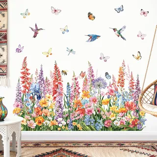 decalmile Wandtattoo Blumen Bunt Grün Gras Wandaufkleber Wildblumen Blumenwiese Pflanzen Schmetterlinge Wandaufkleber Kinderzimmer Wohnzimmer Schlafzimmer Sofa Hintergrund Wanddeko