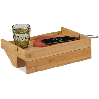 Relaxdays Bettablage, Mini-Nachtisch zum Klemmen, Bett & Hochbett, HxBxT: 10 x 33 x 24 cm, Kabelschlitze, Bambus, natur
