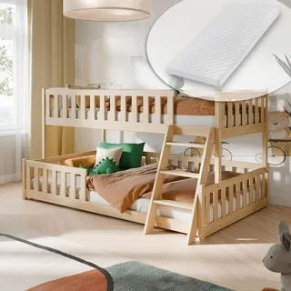 Etagenbett 90x200 / 120x200 Kinderbett Jugendbett Stockbett Hochbett mit Leiter, Rausfallschutz Lattenrosten und 2 Matratzen, Kinder Bett von 4. bis 16. Lebensjahr natur - Naturbelassen