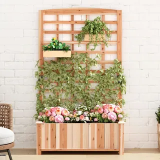 SogesGame Blumenkasten aus Tannenholz, Pflanzkasten mit Rankgitter Kletterpflanzen, Blumen, Gemüse, für Garten Balkon Terrasse, Freistehender Pflanzständer Tannenholz Hochbeet mit Gitter, 90×40×151cm