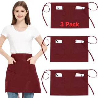 3 Stücke Taillenschürze mit 2 Taschen, Rot Halbschürze für Männer Frauen | Wasserdicht Vorbinder Schürzen mit langen Riemen, Kellnerin Kellner Schürzen für Bistro Restaurant Server Arbeit Bar Gastro