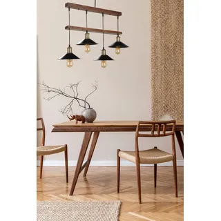 Industrial Rustic Chandelier, Wooden Body & Metal Cap, 15 cm Diameter, 80 cm Height, Adjustable, E27 Socket, Brown & Black | Perfect for Country Homes