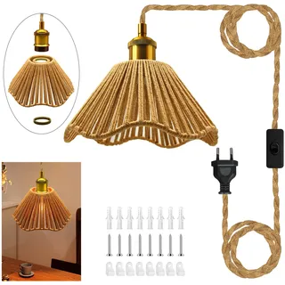 Industrielle Hängelampe mit Stecker,Retro Hanf Seil Pendelleuchten mit 16.7Ft Schalter Kabel,Vintage Lampenfassung E27 mit Kabel, Rustikale Plug In Deckenleuchte mit Gewebten Lampenschirm,Für Balkon