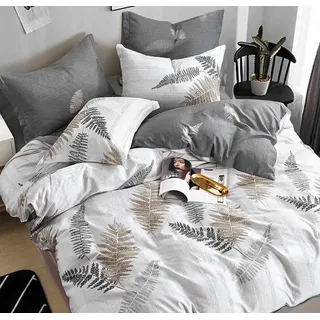 SLEEPBELLA Bettbezug-Set für King-Size-Betten, weißes und graues Blatt, 100% Baumwolle, wendbar, botanischer Bettbezug, 3-teilig