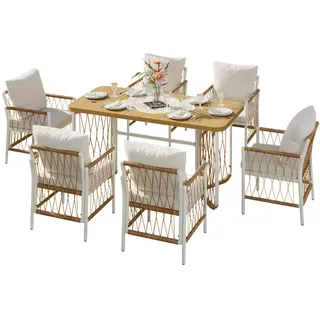 Modfu Gartensets aus Eisen & Polyester 159,5x77,5x75 cm Beige mit 1 Tisch & 6 Stühlen , Metall , Gartenmöbel, Gartengarnituren, Gartenmöbel-Sets