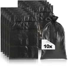 com-four® 10x Sandsack bis 20kg - Premium PP Sack mit Befestigungsband - extrem robuster Gewebesack mit Schnürband - widerstandsfähiger Hochwasser-Schutzsack (schwarz - 10 Stück - bis 20kg)
