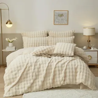 Luofanfei Winter Plüsch Bettwäsche 135 x 200 Creme Beige Weiß Kuschelig Flauschig Warme Flanell Bettwäsche Set Winterbettwäsche Microfaser Fleece Bettbezug und Kissenbezug 80x80 mit Reißverschluss