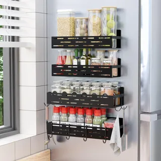 LokRoad 4 Stück Magnetisches Gewürzregal für Kühlschrank, Magnetisches Regal mit 8 Haken, Starker Magnet, Schwarz