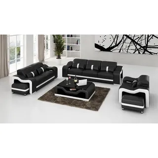 Ledersofa mit USB Wohnlandschaft Ecksofa +Sessel Eck Garnitur Design Modern Sofa - Schwarz