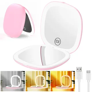 Gospire 3.9" Wiederaufladbar Taschenspiegel mit 1X/10X Vergrößerung, 3 Lichtfarben & Einstellbarer Helligkeit, Reisespiegel Klein Schminkspiegel Klappbar Taschenspiegel für Frauen Mädchen, Hellrosa