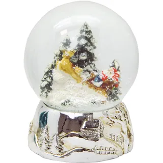 Schneekugel Weihnachtsmann rot Geschenkeschlitten auf Sockel nostalgische Schneelandschaft Weihnachten Winter Silber mit Spieluhr - 100mm breit * 20165