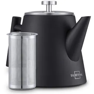SILBERTHAL Teekanne mit Siebeinsatz (1L) Schwarz - Doppelwandig aus Edelstahl - Hält lange warm