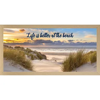 Bönninghoff Bild mit Rahmen "Wandbild gerahmt STRAND MIT SPRUCH 23x49 cm – Natur Wanddeko modern", gelb, farbe rahmen: beech, farbe bild(er): gelb, blau, grün, beige), B:23cm H:49cm T:2,1cm, MDF, Papier, Bilder, Bild mit dekorativem Rahmen
