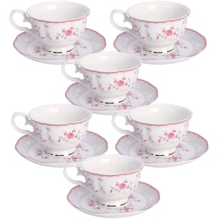 fanquare Rosa Rose Blume Set mit 6 Teetasse und Untertasse, Britisches Vintage Nachmittagstasse Set, Porzellan Kaffeetasse mit Goldrand, 150ml